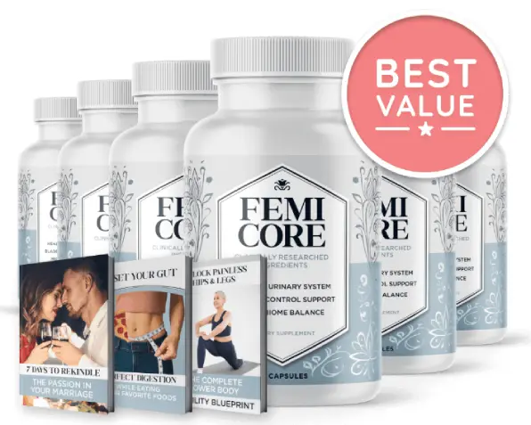 FemiCore product bottles displayed with included bonus items and promotional bundle offer
