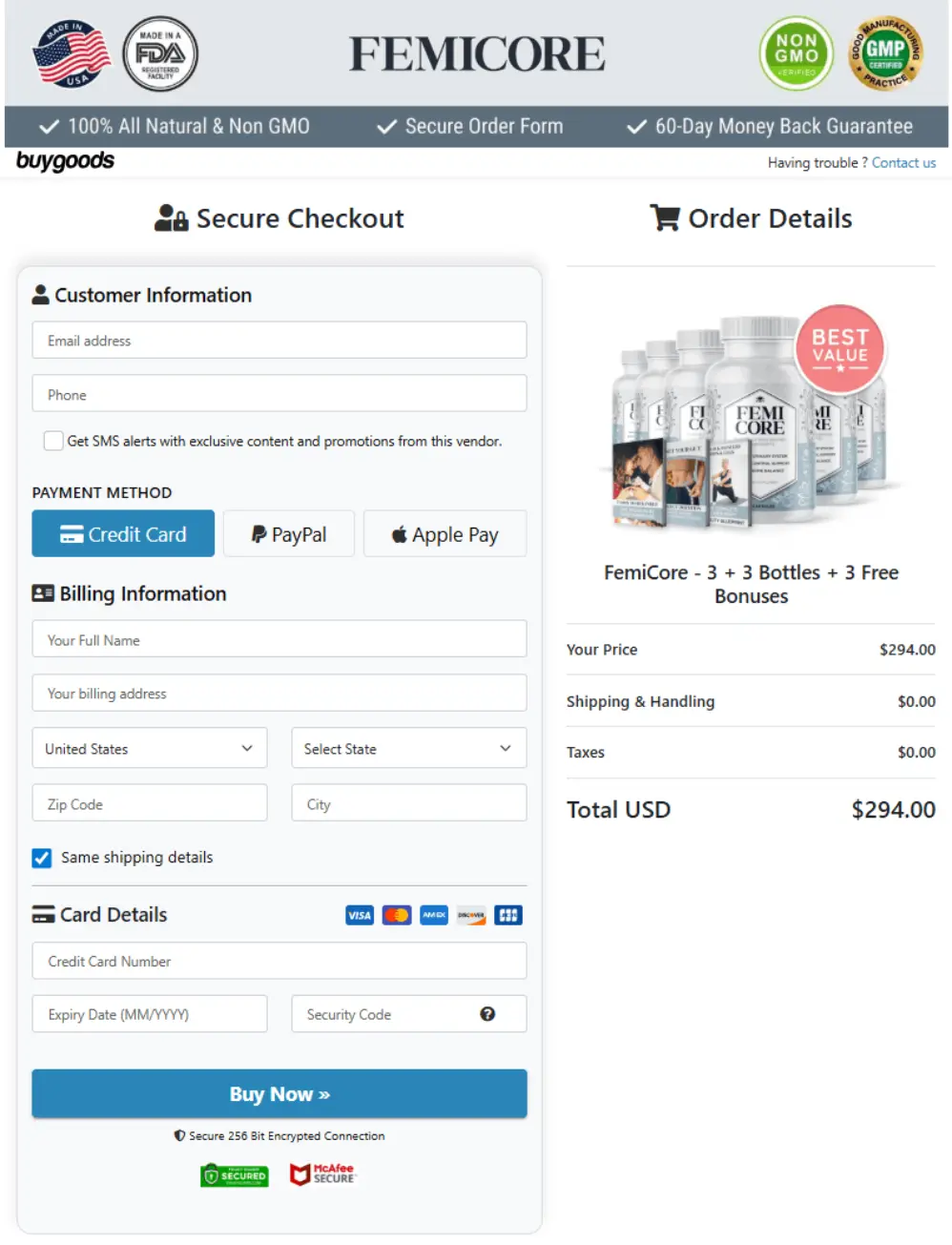 FemiCore secure checkout page showing safe and encrypted payment process